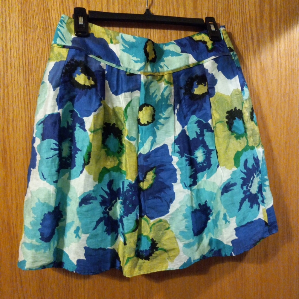 Womens Loft Blue Floral Skirt Linen Blend 18 Long 15 Across Waist Lined Zip Back